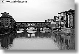 arno, black and white, bridge, europe, florence, horizontal, italy, ponte vecchio, rivers, tuscany, photograph
