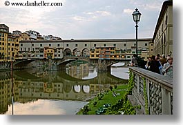 bridge, europe, florence, horizontal, italy, lamp posts, lawn, ponte vecchio, rivers, tuscany, photograph