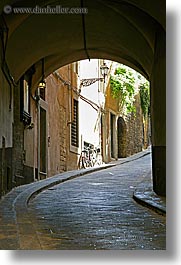 archways, bicycles, cobblestones, europe, florence, italy, streets, tunnel, tuscany, vertical, photograph