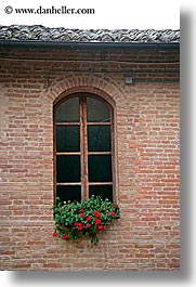bricks, europe, flowers, italy, monestaries, monte oliveto maggiore, tuscany, vertical, windows, photograph