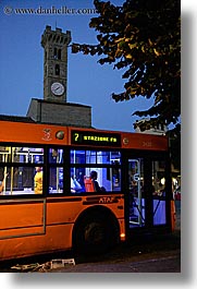 bus, clocks, dusk, europe, fiesole, italy, towers, towns, tuscany, vertical, photograph