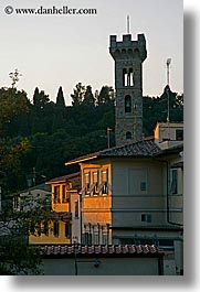 clocks, europe, fiesole, italy, sunsets, towers, towns, tuscany, vertical, photograph