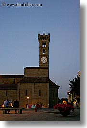 clocks, dusk, europe, fiesole, italy, towers, towns, tuscany, vertical, photograph