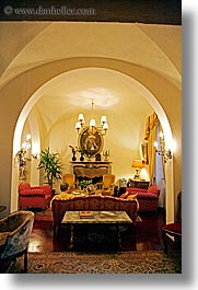 archways, chandelier, europe, hotels, italy, la bandita, living, rooms, towns, tuscany, vertical, villa, photograph