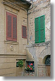 europe, flowers, geraniums, italy, montalcino, towns, tuscany, vertical, windows, photograph