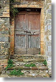 doors, europe, italy, montalcino, stones, towns, tuscany, vertical, woods, photograph