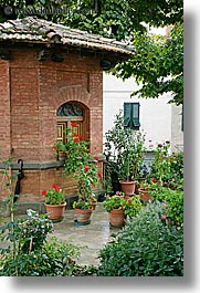 bricks, europe, flowers, gardens, geraniums, italy, montalcino, shed, towns, tuscany, vertical, photograph