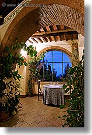 archways, bricks, dining, dining table, dusk, europe, hotel albergo giglio, hotels, italy, long exposure, montalcino, tables, towns, tuscany, vertical, views, windows, photograph