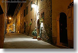 archways, doors, europe, horizontal, italy, long exposure, montalcino, nite, plants, restaurants, stores, towns, tuscany, photograph