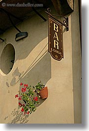 bars, europe, flowers, italy, pienza, plants, signs, towns, tuscany, vertical, photograph