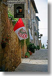 alleys, casini, europe, flags, italy, pienza, signs, towns, tuscany, vertical, photograph