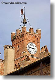 bell towers, bells, clock tower, clocks, europe, italy, pienza, towns, tuscany, vertical, photograph