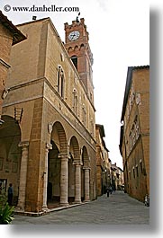 alleys, bell towers, clock tower, clocks, europe, italy, pienza, streets, towns, tuscany, vertical, photograph