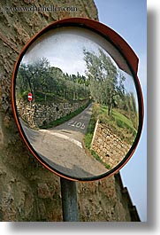 alleys, europe, fisheye, italy, mirrors, pienza, reflections, roads, towns, tuscany, vertical, photograph