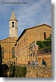 churches, europe, groups, italy, people, pienza, tourists, towns, tuscany, vertical, walking, photograph