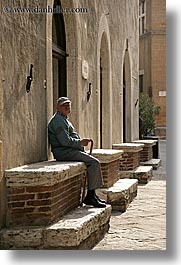 cane, europe, italy, men, old, old man, pienza, sitting, towns, tuscany, vertical, photograph