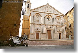 bell towers, bicycles, churches, europe, horizontal, italy, pienza, religious, towns, tuscany, white, photograph