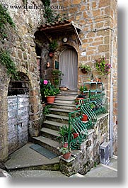 doors, europe, flowers, italy, pitigliano, stairs, towns, tuscany, vertical, photograph