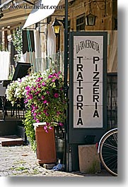 europe, flowers, italy, pitigliano, pizzeria, signs, towns, tuscany, vertical, photograph
