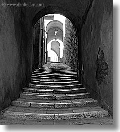 alleys, archways, black and white, cobblestones, europe, italy, narrow streets, pitigliano, stairs, streets, towns, tuscany, vertical, photograph