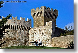 benches, castles, couples, europe, fortress, horizontal, italy, populonia, towns, tuscany, photograph