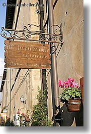 europe, flowers, italy, populonia, restaurants, signs, towns, tuscany, vertical, photograph