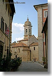 bell towers, churches, clocks, cobblestones, europe, italy, san quirico, stones, towns, tuscany, vertical, photograph