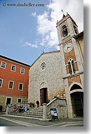 bell towers, churches, clocks, europe, italy, san quirico, stairs, stones, towns, tuscany, vertical, photograph