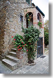 cobblestones, europe, flowers, houses, italy, san quirico, stairs, stones, towns, tuscany, vertical, photograph