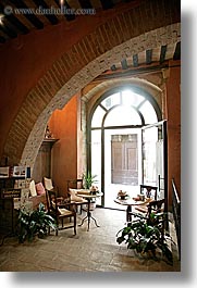archways, bricks, entry, europe, hotels, italy, san quirico, towns, tuscany, vertical, photograph