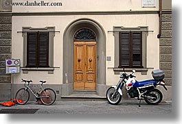 bicycles, doors, europe, horizontal, italy, motorcycles, scarperia, towns, tuscany, photograph