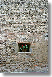 bricks, europe, flowers, italy, scarperia, stones, towns, tuscany, vertical, walls, photograph