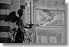 angels, black and white, churches, europe, horizontal, italy, pillars, religious, siena, statues, towns, tuscany, photograph