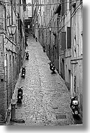 black and white, cobblestones, empty, europe, italy, narrow streets, siena, streets, towns, tuscany, vertical, photograph