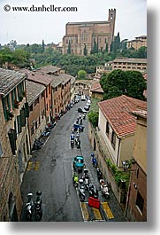 bell towers, churches, cobblestones, empty, europe, italy, narrow streets, siena, streets, towns, tuscany, vertical, photograph