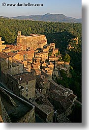 cityscapes, clock tower, europe, italy, mountains, rooftops, sorano, towns, tuscany, vertical, photograph