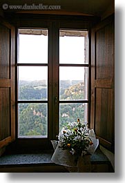 europe, flowers, fortress, italy, plants, sorano, towns, tuscany, vertical, windows, photograph