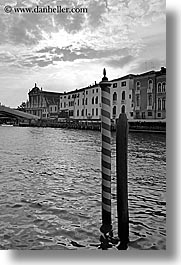 black and white, canals, europe, italy, poles, venecia, venezia, venice, vertical, photograph