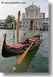 boats, buildings, canals, europe, gondolas, gondolier, italy, men, venecia, venezia, venice, vertical, photograph