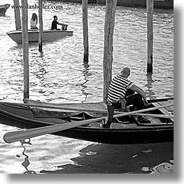black and white, boats, canals, europe, eyeing, gondolas, italy, men, square format, venecia, venezia, venice, womens, photograph