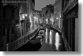 black and white, boats, canals, europe, horizontal, italy, nite, slow exposure, venecia, venezia, venice, photograph
