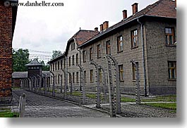 auschwitz, barbed, barbed wire, buildings, europe, fences, horizontal, poland, prison, prison camp, structures, windows, wires, photograph