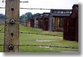 auschwitz, barbed, barbed wire, barracks, berkenau, buildings, europe, fences, horizontal, poland, prison, prison camp, structures, wires, photograph