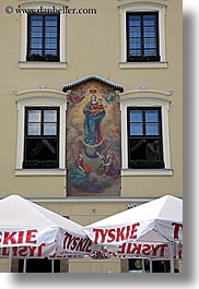 arts, babies, europe, frescoes, jesus, krakow, madonna, mosaics, poland, vertical, windows, photograph