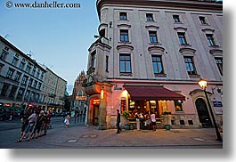 buildings, cafes, dusk, europe, horizontal, krakow, poland, photograph