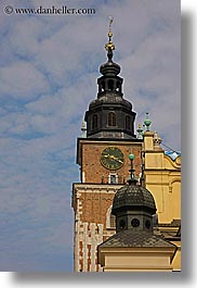 buildings, clock tower, clocks, clouds, domes, europe, krakow, nature, poland, sky, structures, towers, vertical, photograph