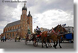 carriage, churches, clouds, europe, horizontal, horse carriage, horses, krakow, nature, poland, sky, photograph