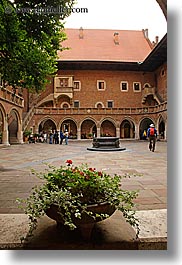 archways, bricks, europe, flowers, gothic, jagiellonian university, krakow, materials, poland, red, structures, style, vertical, photograph