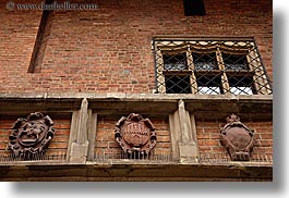 bricks, coat of arms, europe, gothic, horizontal, jagiellonian university, krakow, materials, perspective, poland, stones, style, upview, photograph