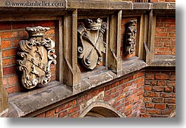 bricks, coat of arms, europe, gothic, horizontal, jagiellonian university, krakow, materials, poland, stones, style, photograph